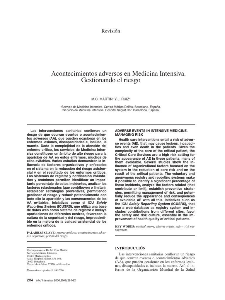 Acontecimientos Adversos en Medicina Intensiva PDF Six Sigma Riesgo