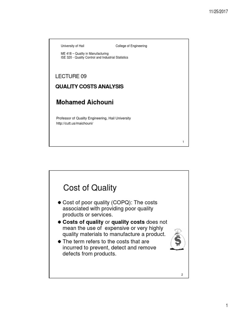 Chap09 Quality Costs Analysis PDF Six Sigma Cost