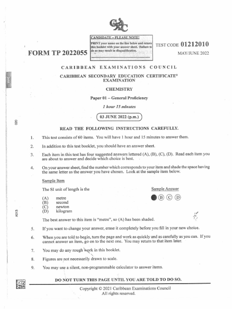 CSEC Chemistry Paper 1 June 2022 PDF