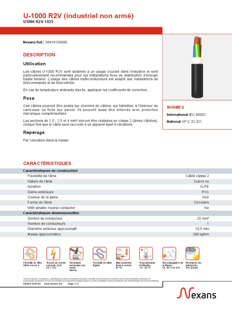 Fiche technique câble U-1000 R2V 25 mm² | PDF | Électrotechnique ...