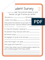 Student Survey Back To School Get To Know You