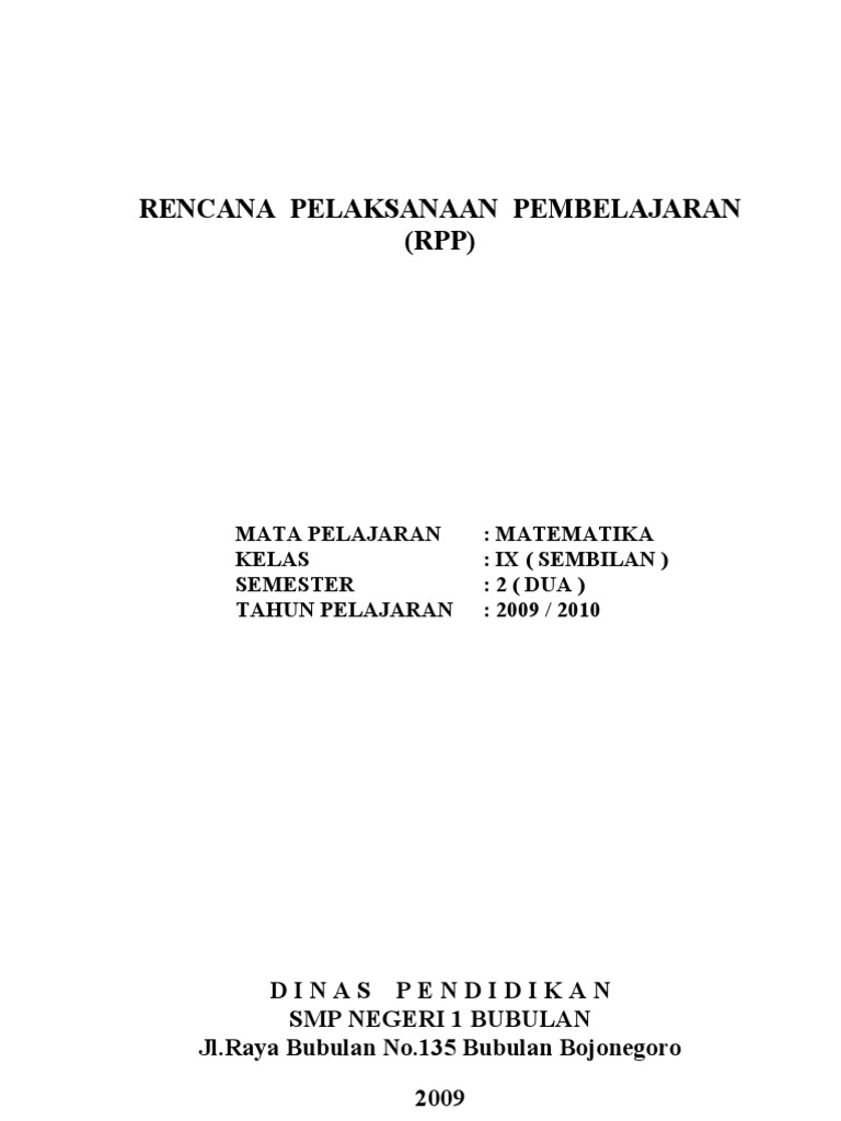 RPP Matematika KTSP SMP Kelas 9 Smt 2