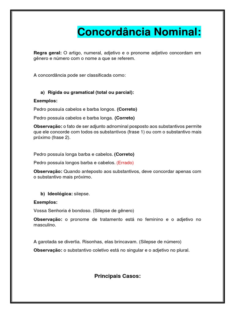Concordância Nominal | PDF | Assunto (gramática) | Substantivo