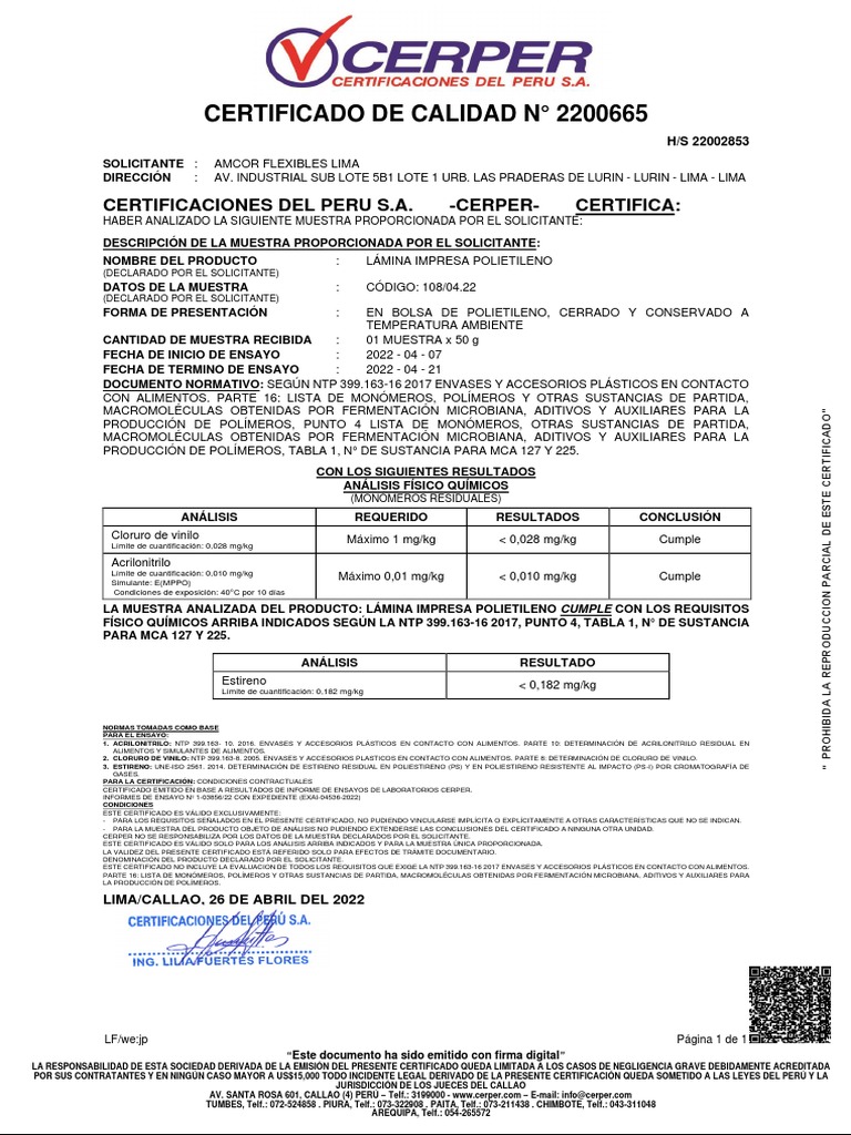 Certificación de Monómeros Residuales | PDF | El plastico | Polímeros
