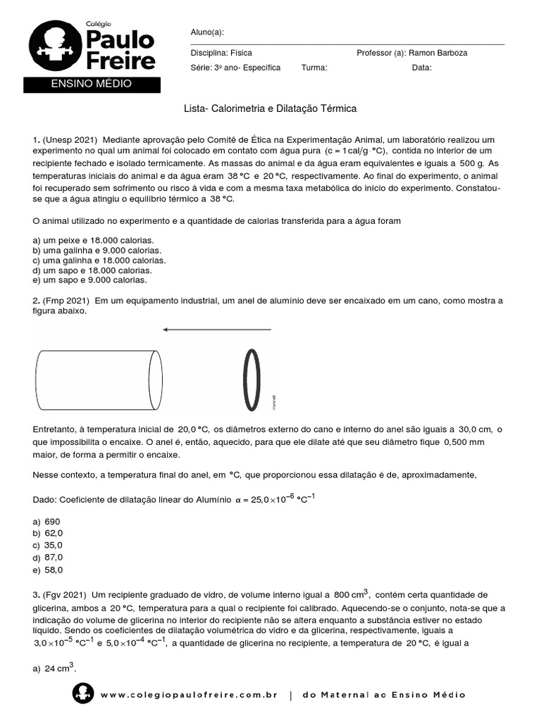 Calorimetria e Dilatação Térmica: Lista de Questões com Exercícios ...