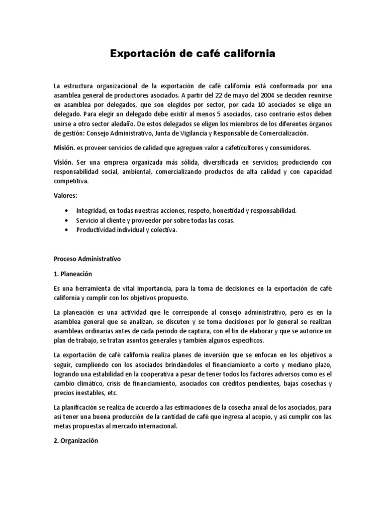 Exportación De Café California Pdf Café Exportaciones