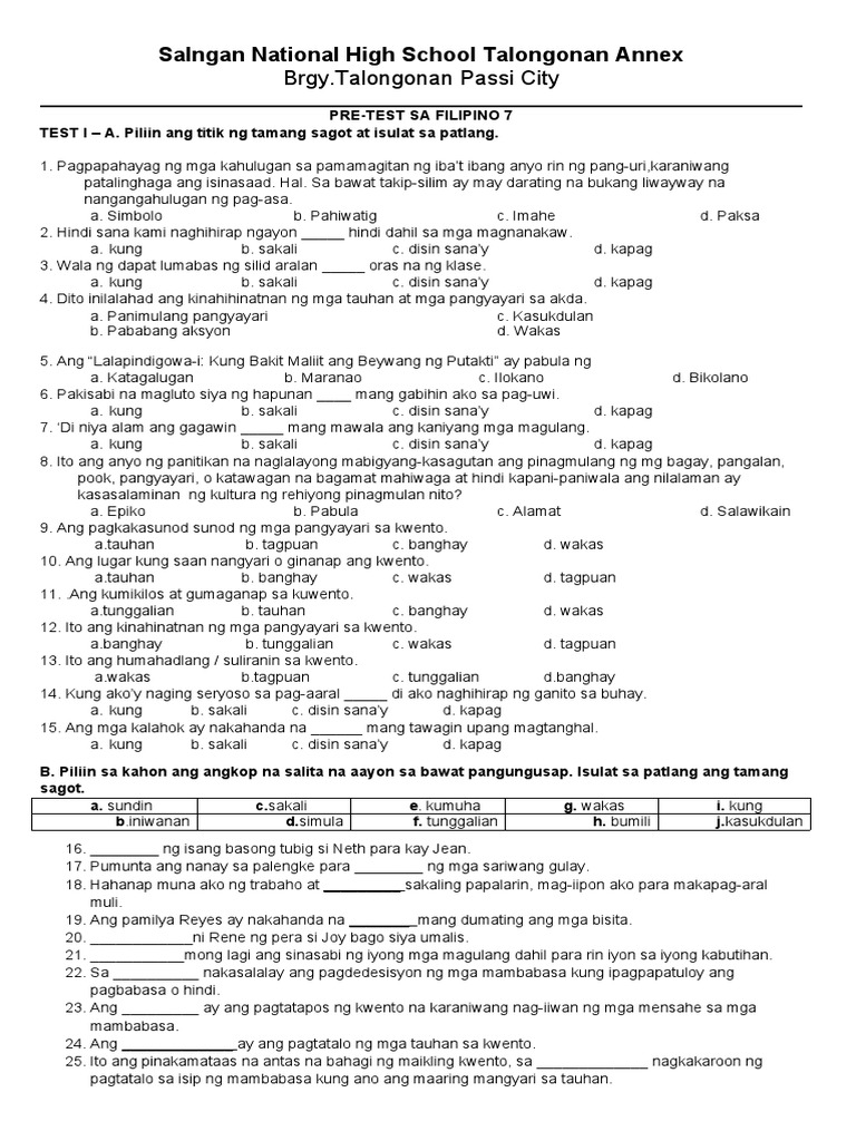 Unang Markahang Pagsusulit Sa Filipino 7 | PDF