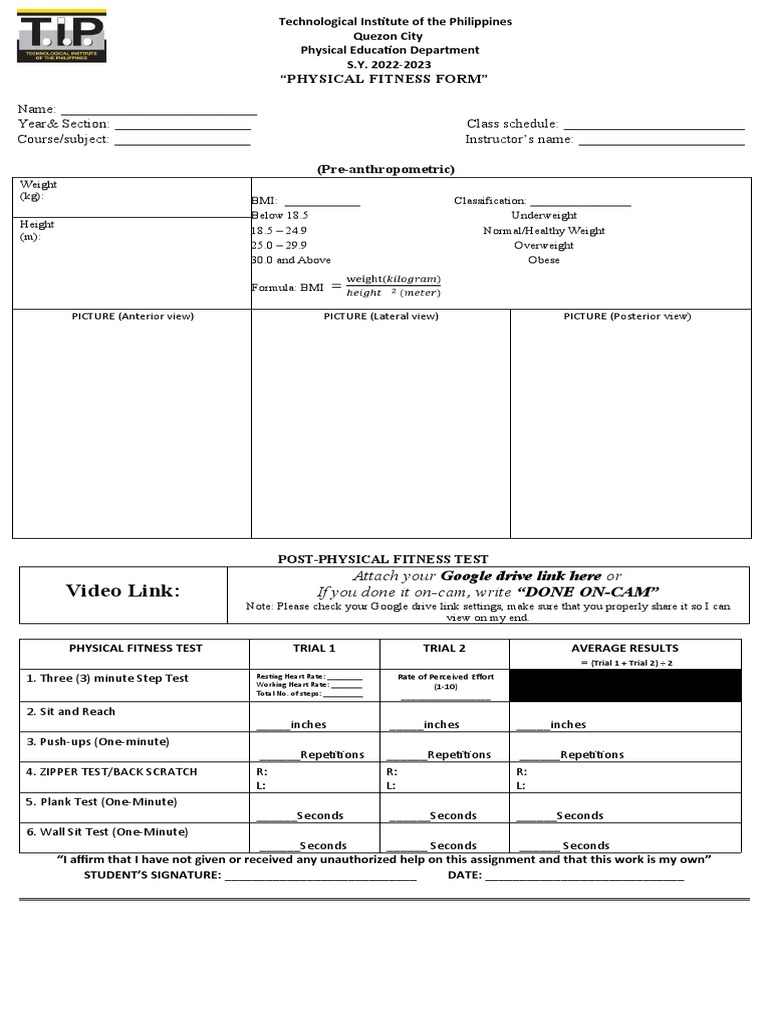 Physical Fitness Form Template | PDF | Body Mass Index | Obesity