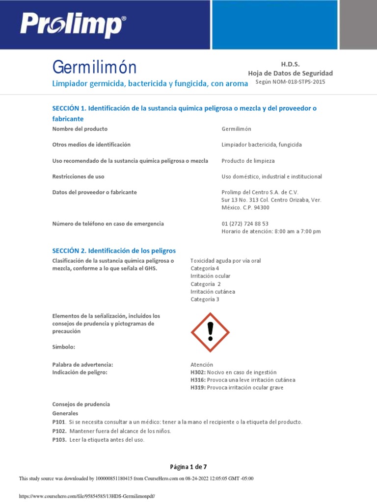 Germilimón: Limpiador Germicida y Bactericida | PDF | Agua | Toxicidad