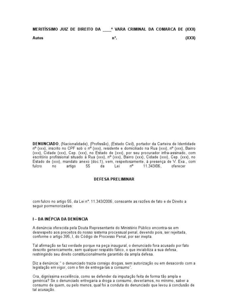 Defesa Preliminar em Tráfico de Drogas | PDF | Procedimento criminal ...