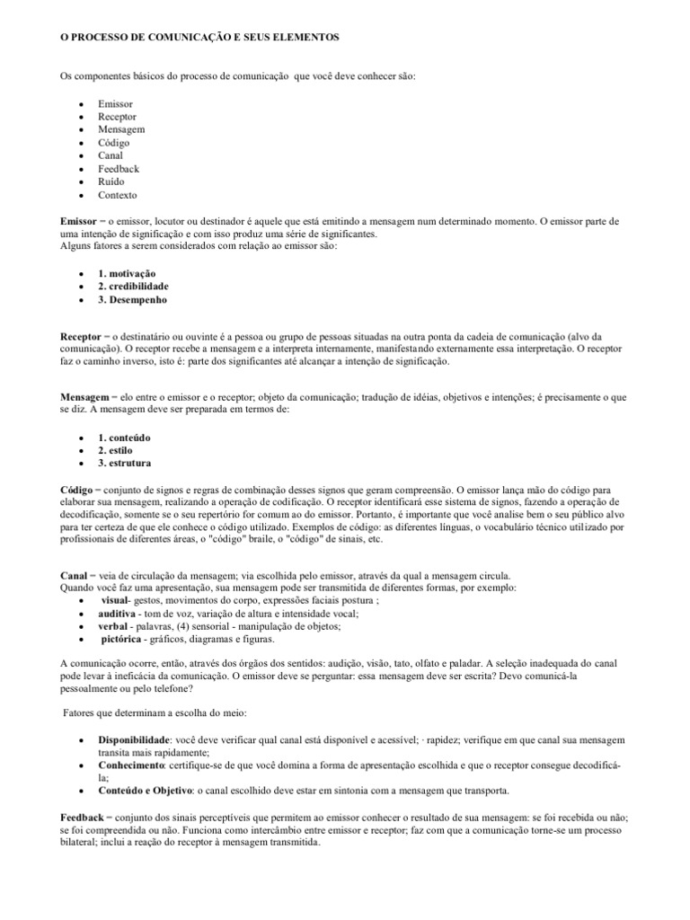 Elementos do Processo de Comunicação | PDF | Estudos de Línguas ...