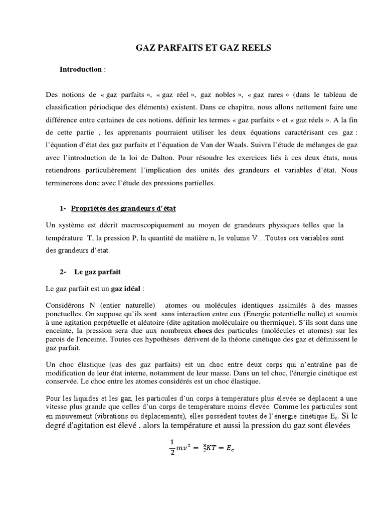 Gaz parfaits vs Gaz réels : Définitions et lois | PDF | Pression | Gaz