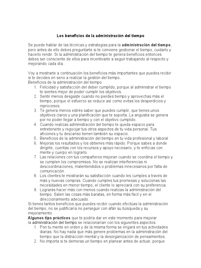Beneficios de La Administracion Del Tiempo | PDF | Gestión del tiempo ...