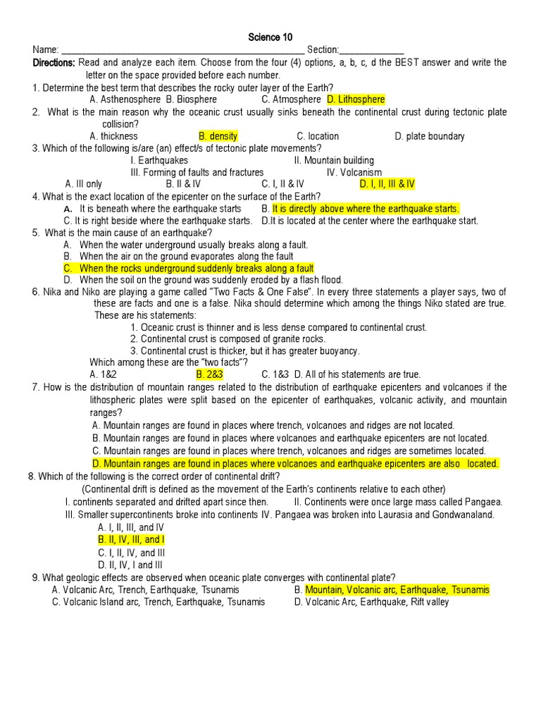 Earth Science Multiple Choice Questions | PDF | Plate Tectonics ...