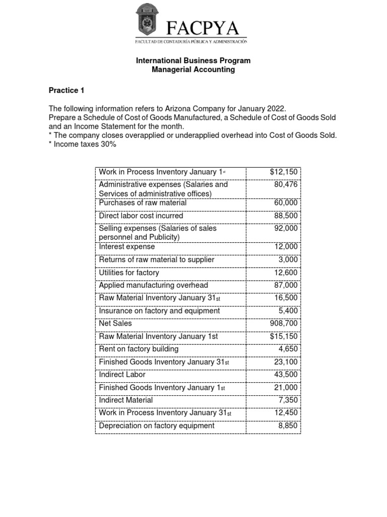 Managerial Accounting Exercises Pdf Cost Of Goods Sold Inventory