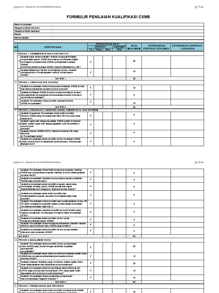 Formulir Penilaian Kualifikasi HSSE | PDF