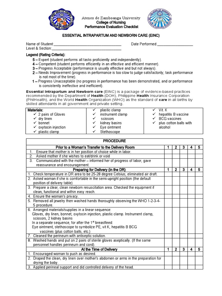 EINC Checklist for Newborn Care in PH | PDF | Infants | Breastfeeding