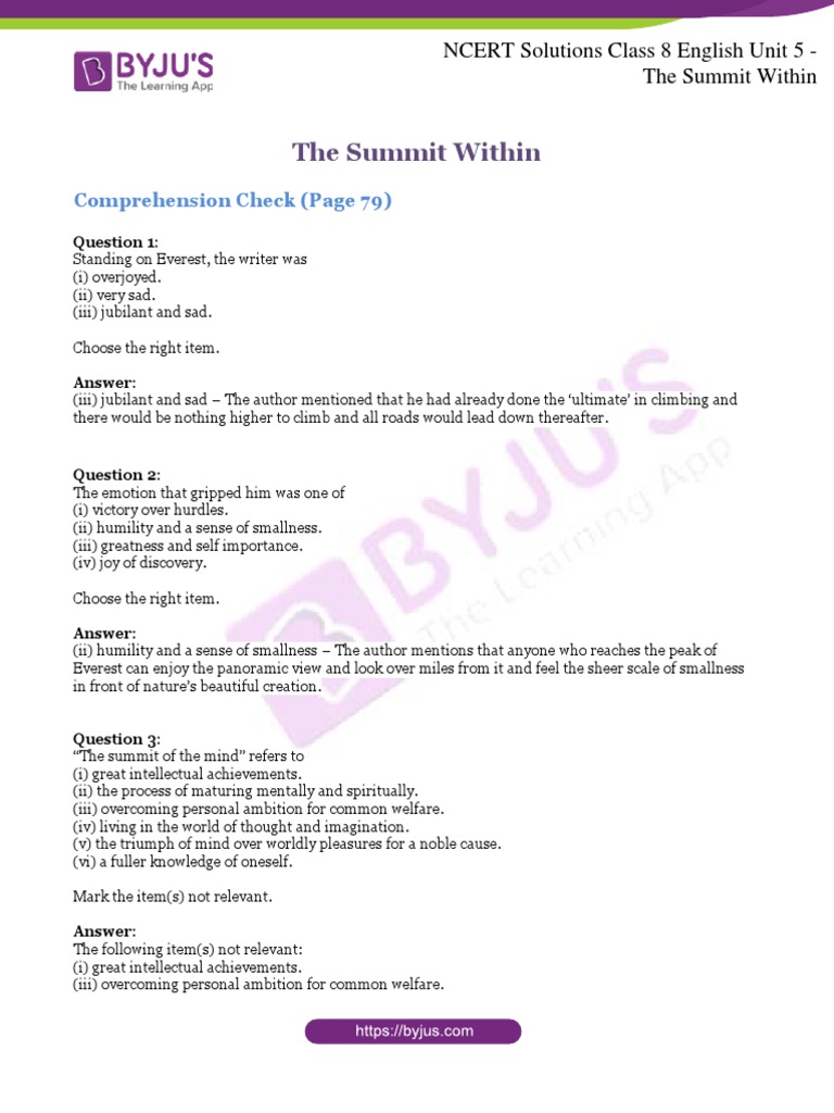 NCERT Class 8 English: The Summit Within | PDF | Mount Everest | Experience
