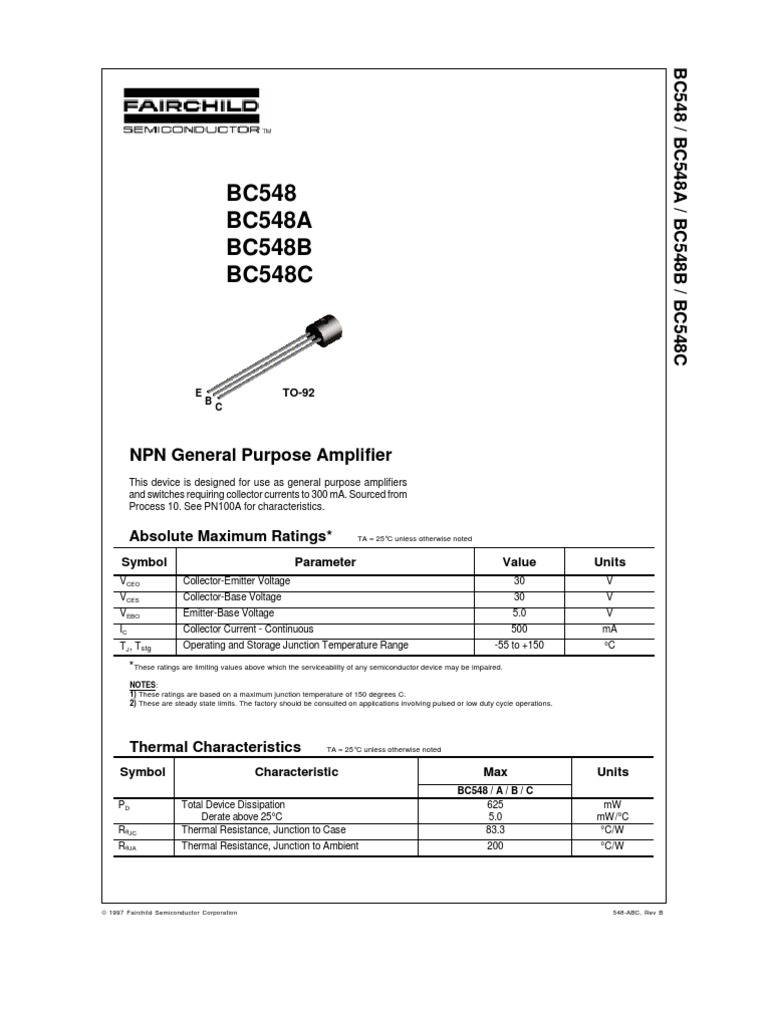 BC548 BC548A BC548B BC548C: NPN General Purpose Amplifier | PDF ...