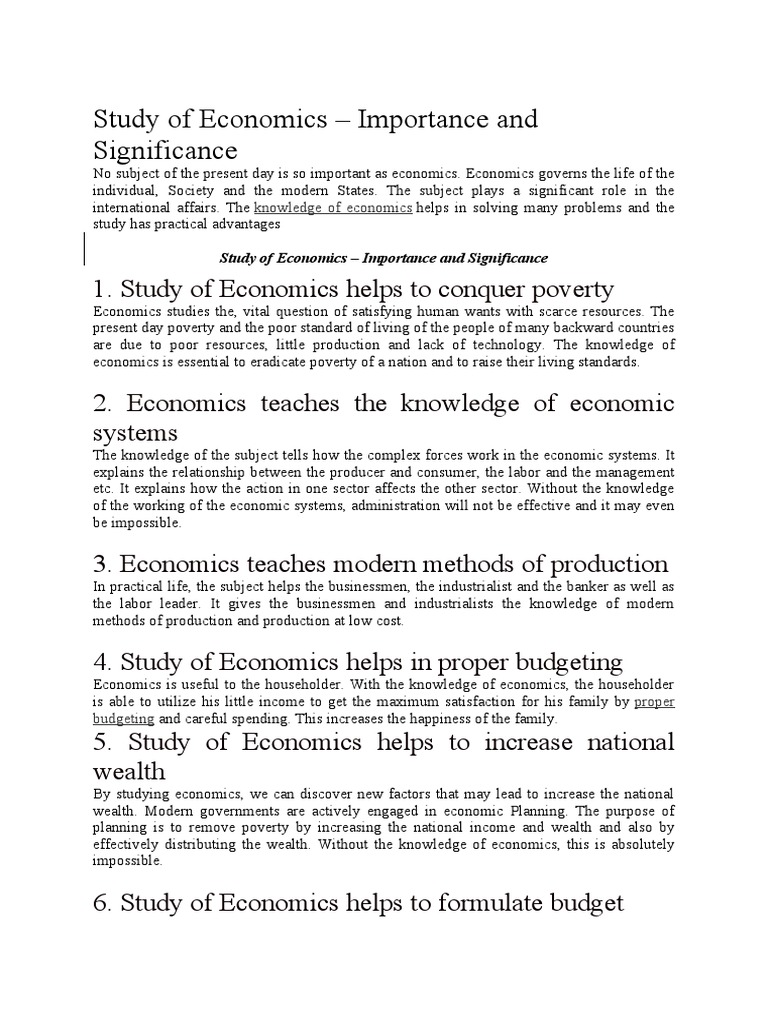 Significance of Study of Economics | PDF | Economics | Poverty