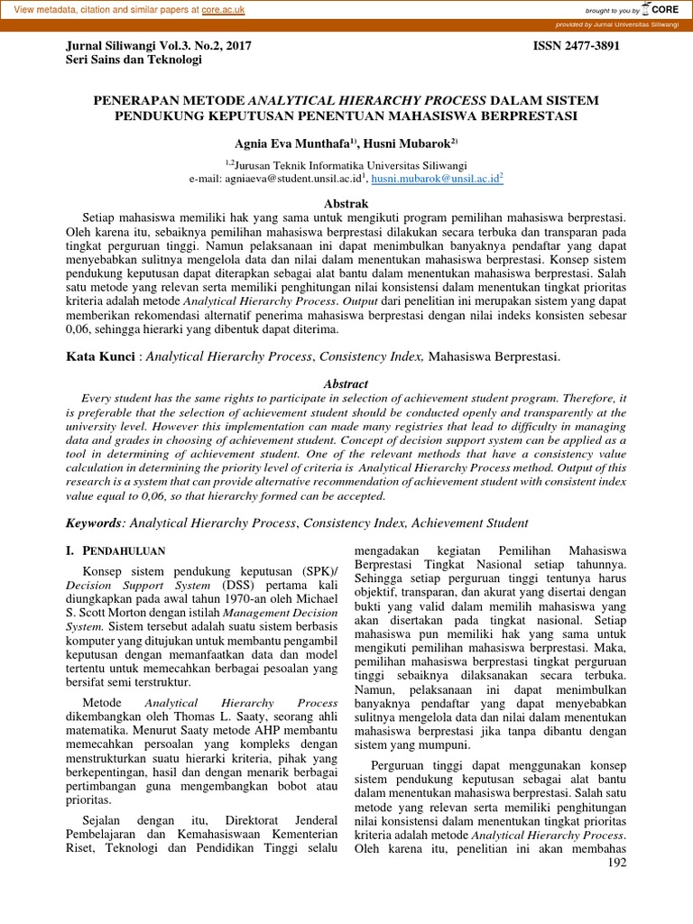 Penerapan Metode Analytical Hierarchy Process Dalam Sistem Pendukung ...