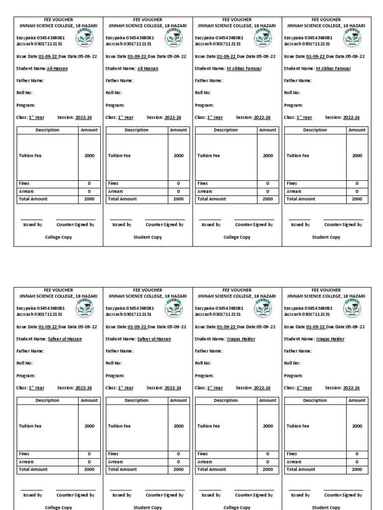 Fee Voucher 1st Year 2022 | PDF | School Voucher | School Types