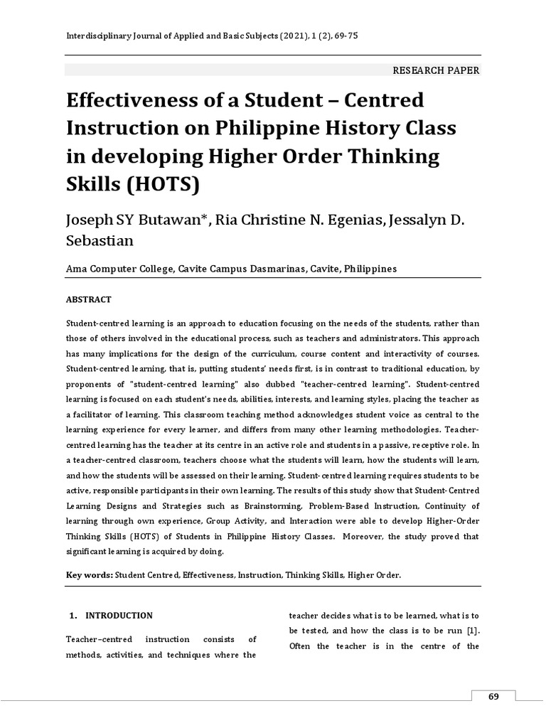 Effectiveness of a student centered instruction on philippine history