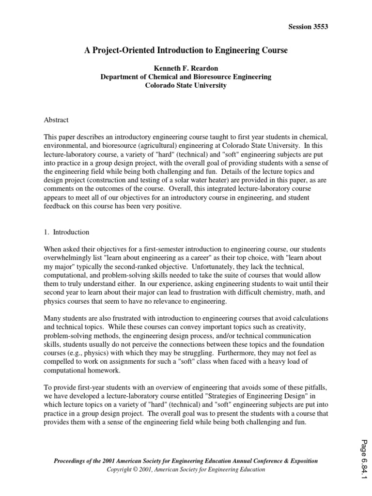 A Project Oriented Introduction To Engineering Course | PDF ...