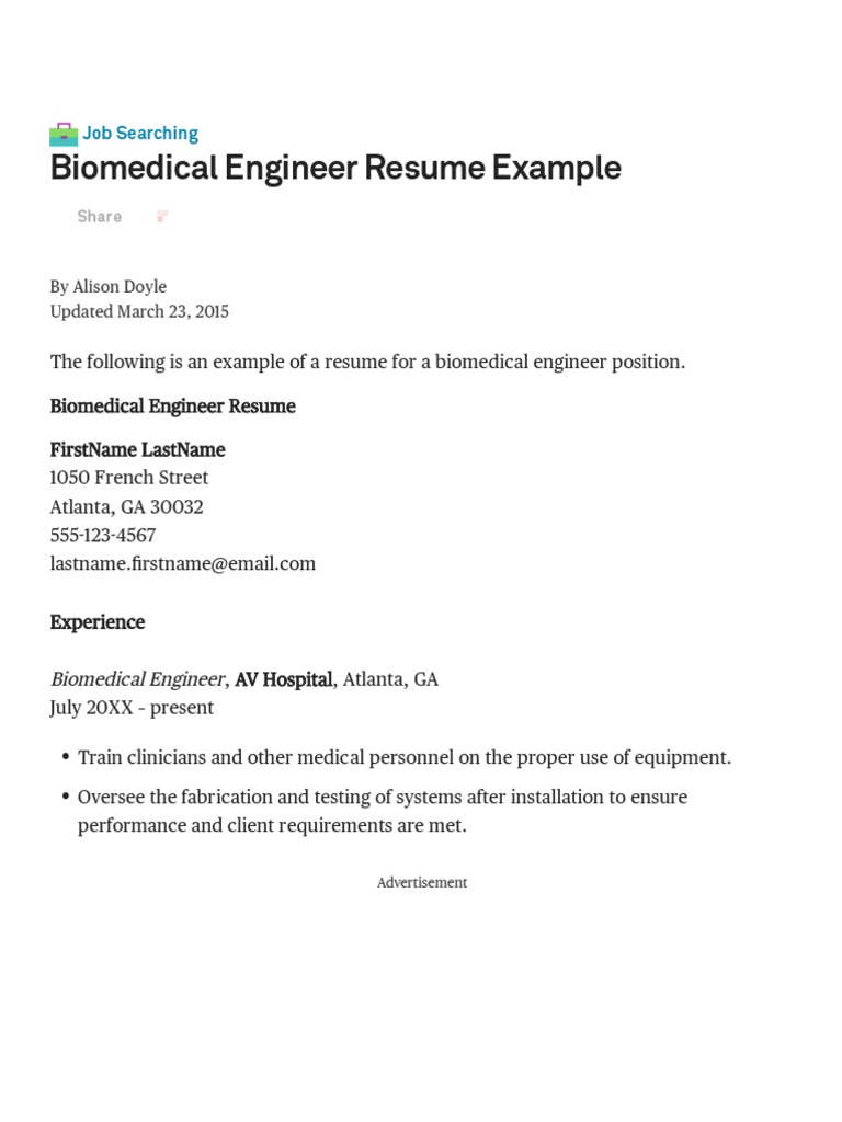 Biomedical Engineer Resume Example - 1662442822