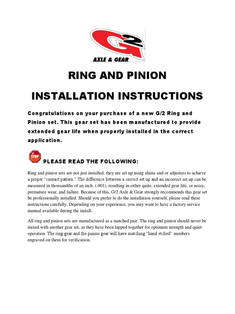Ring and Pinion Installation Instructions PDF Gear Axle