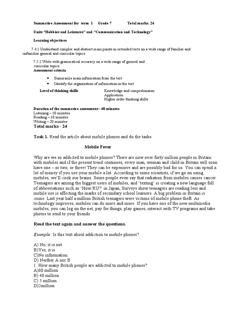 SAT 1 Grade 7 | PDF | Mobile Phones | Reading Comprehension