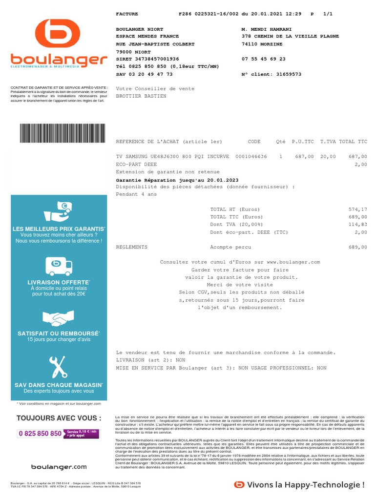 Facture d'achat TV Samsung et garantie | PDF | Facture | Taxe sur la ...