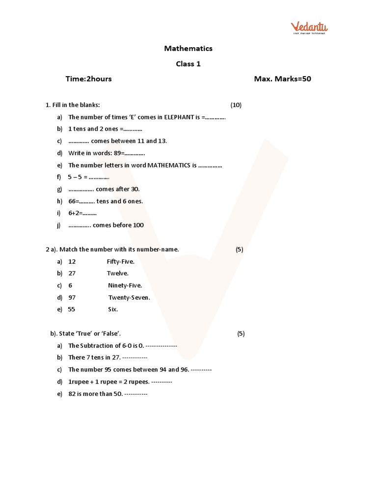 CBSE Sample Papers For Class 1 Maths With Solutions Mock Paper 2