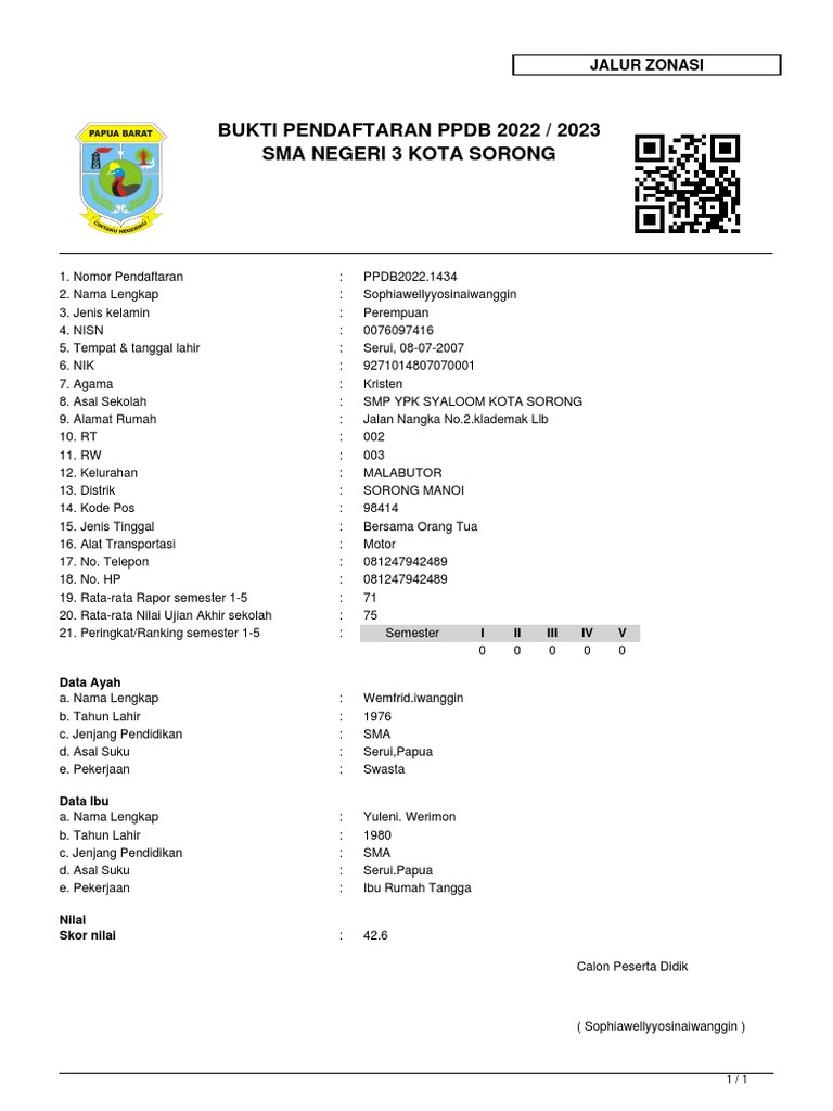 Bukti Pendaftaran PPDB-Sophiawellyyosinaiwanggin | PDF