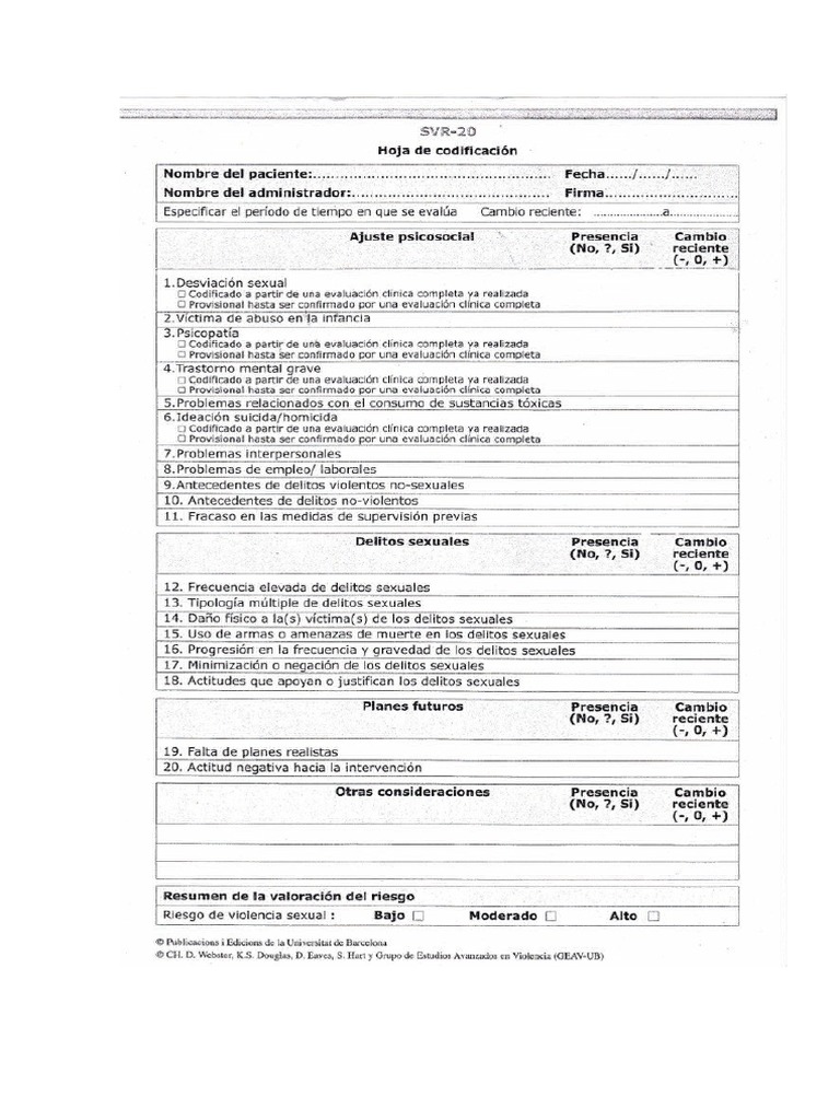SVR-20 Manual de Valoracion Del Riesgo de Violencia Sexual | PDF