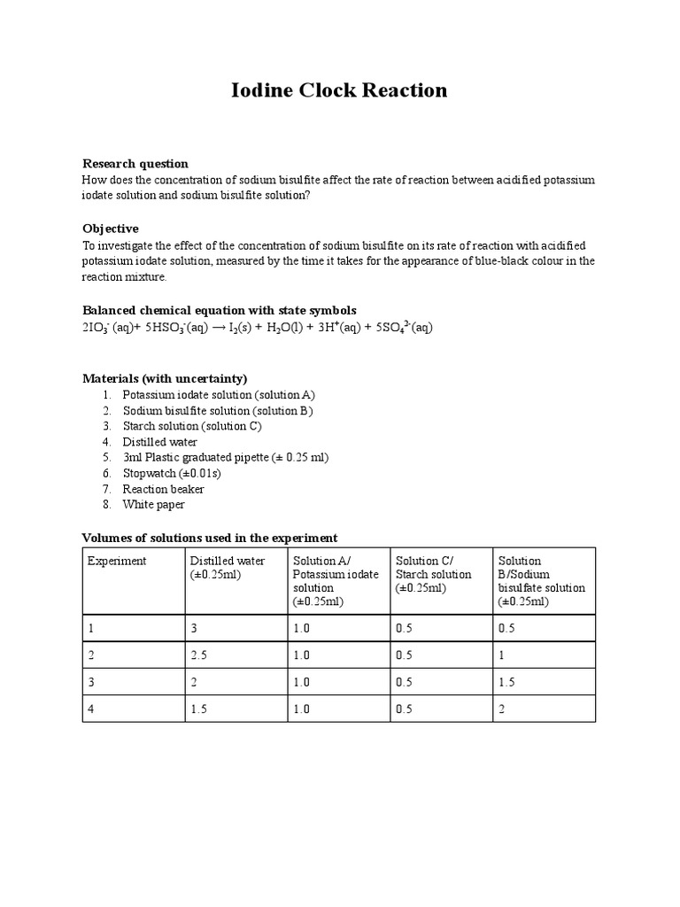 Sodium Bisulfite's Effect on Iodine Clock Reaction | PDF | Iodine ...