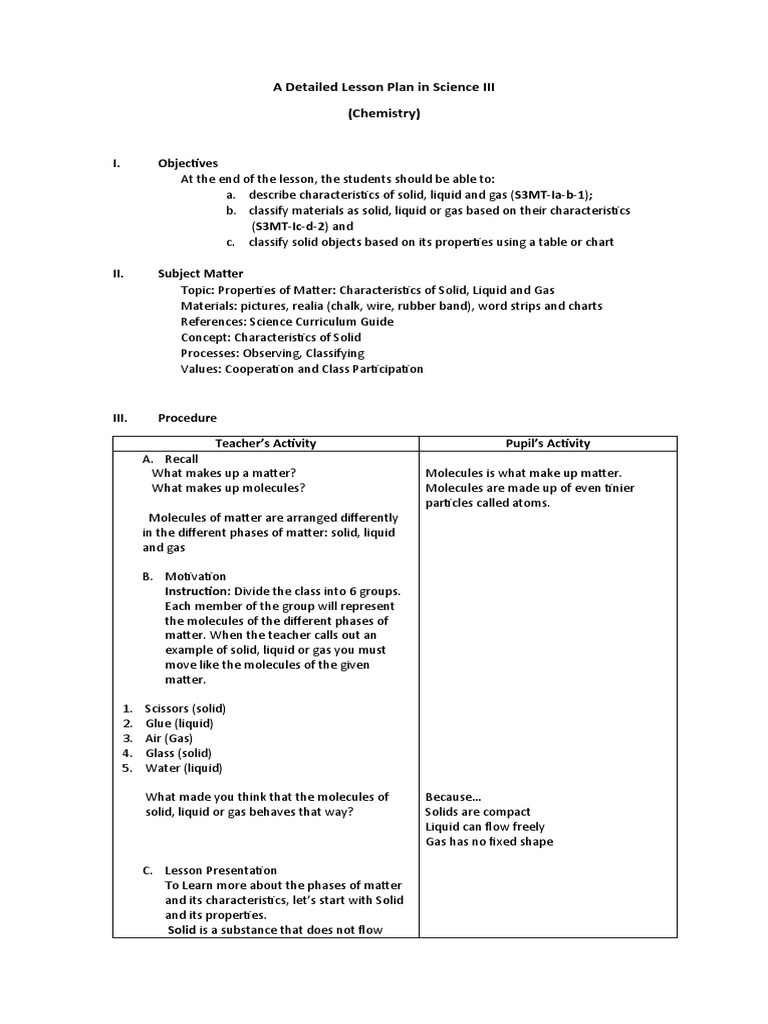 A Detailed Lesson Plan in Science III | PDF | Solid | Gases