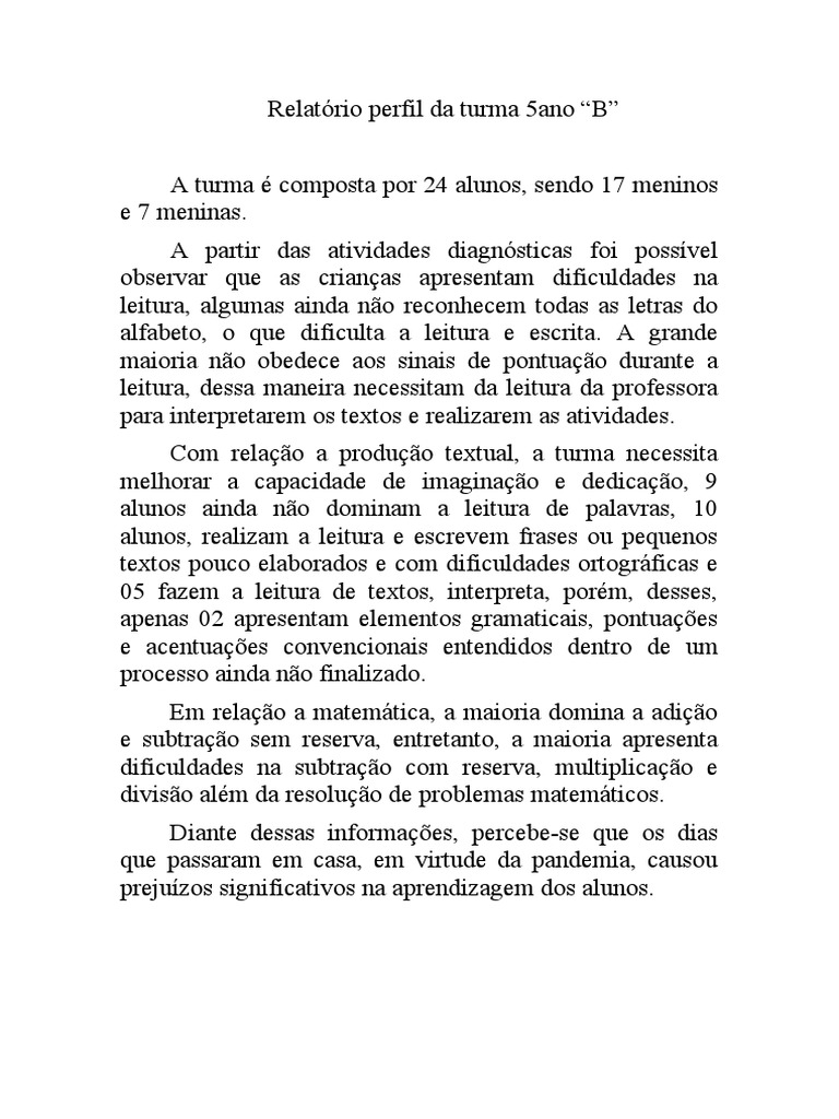 Relatório da Turma 5º Ano "B" | PDF | Carreira e Crescimento | Artes ...