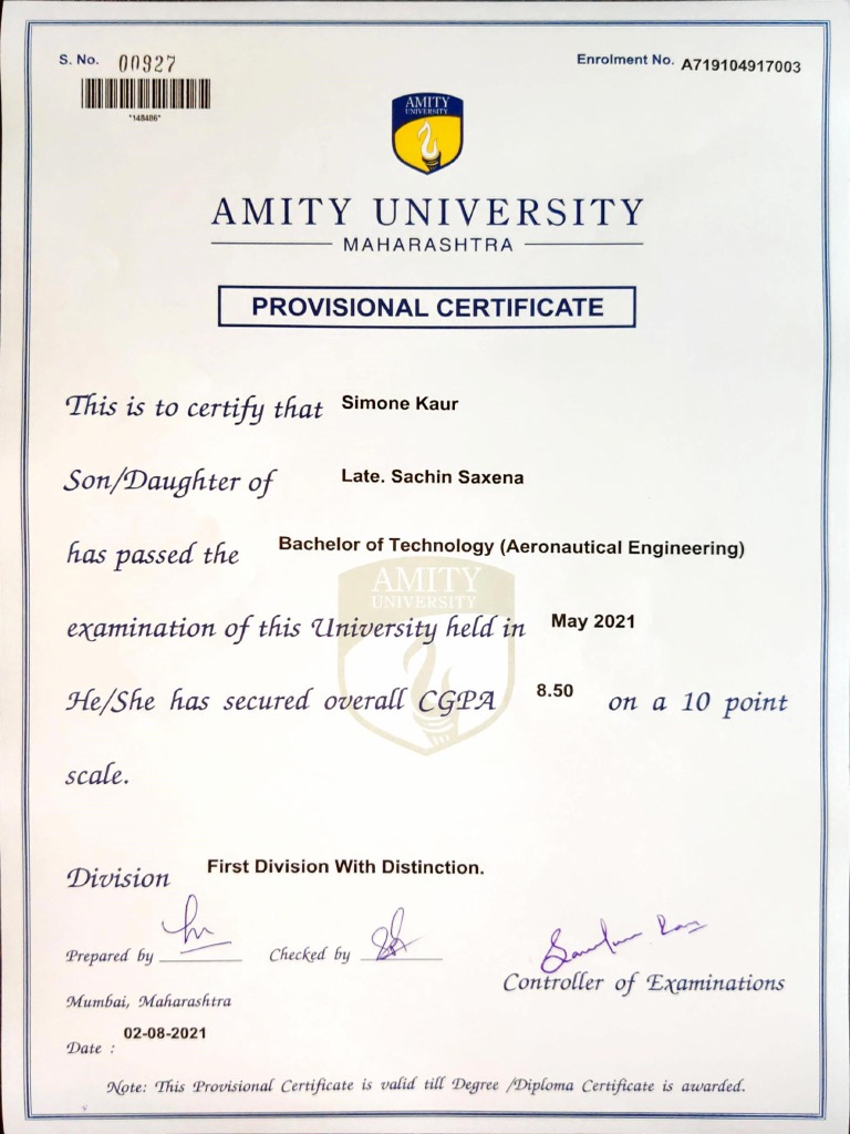 Amity University Provisional Certificate | PDF
