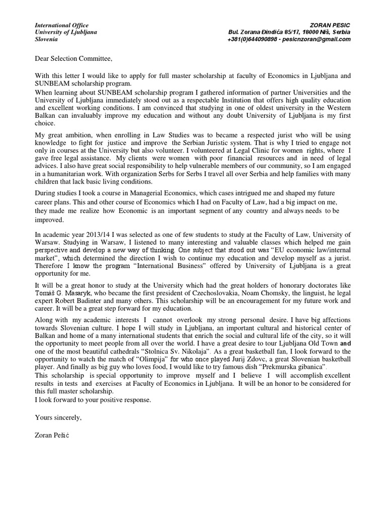 Motivation Letter PDF Serbia University