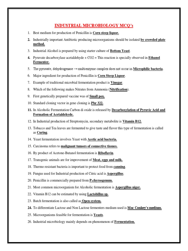 Industrial Microbiology MCQ PDF Fermentation
