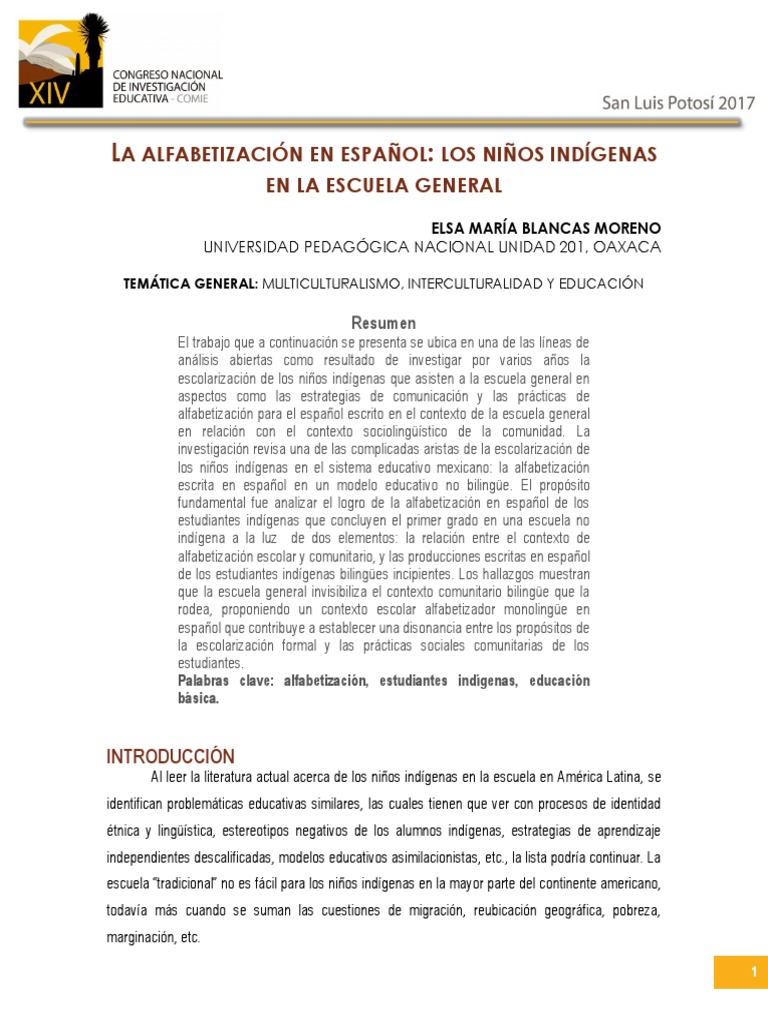 A Alfabetización en Español Los Niños Indígenas en La Escuela General
