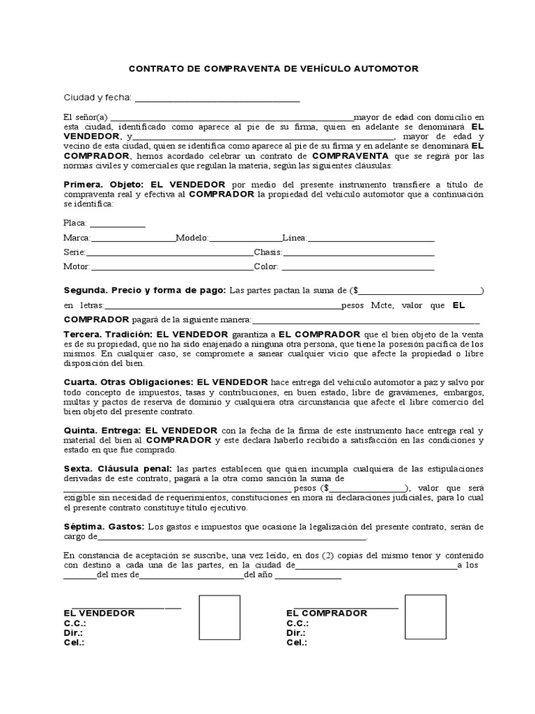 Contrato Compraventa de Vehiculo | PDF | Derecho civil (sistema legal ...