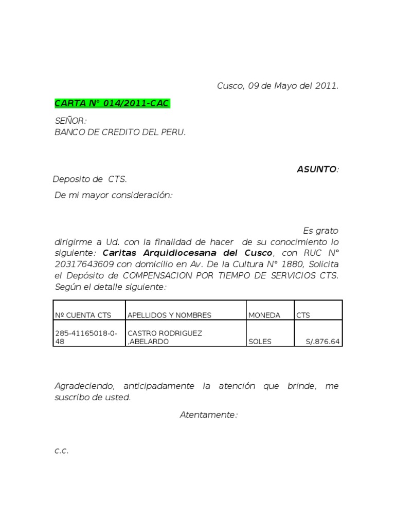 Carta a La BCP Deposito de CTS