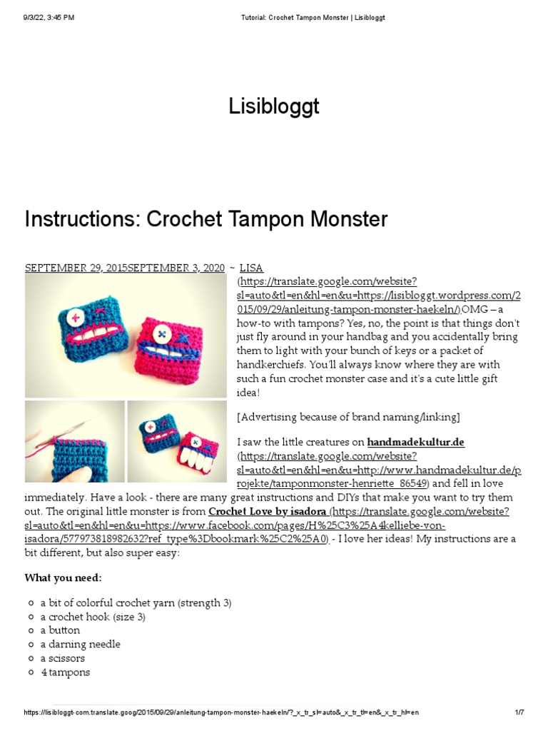 Tutorial Crochet Tampon Monster Download Free Pdf Crochet Yarn