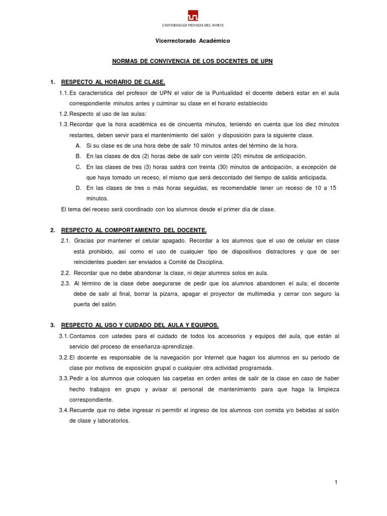 Normas de Convivencia para Docentes UPN | PDF | Salón de clases ...