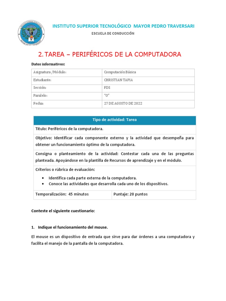 Tarea sobre Periféricos de Computadora | PDF | Hardware de la ...