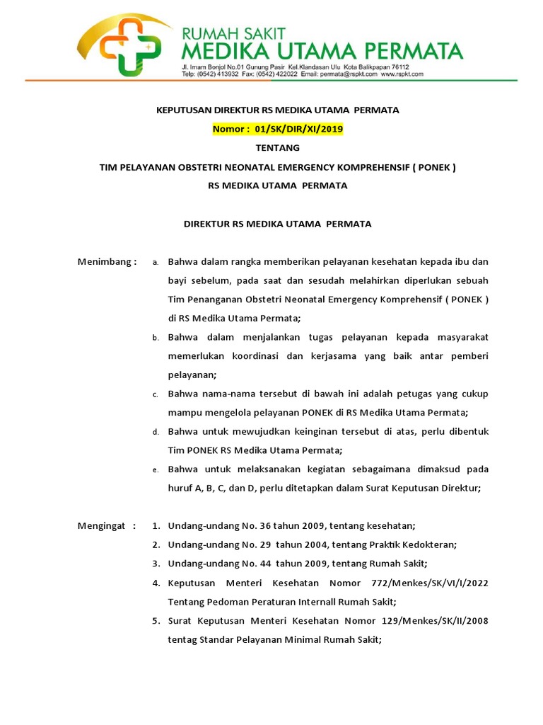 Pembentukan Tim PONEK RS Medika Utama | PDF