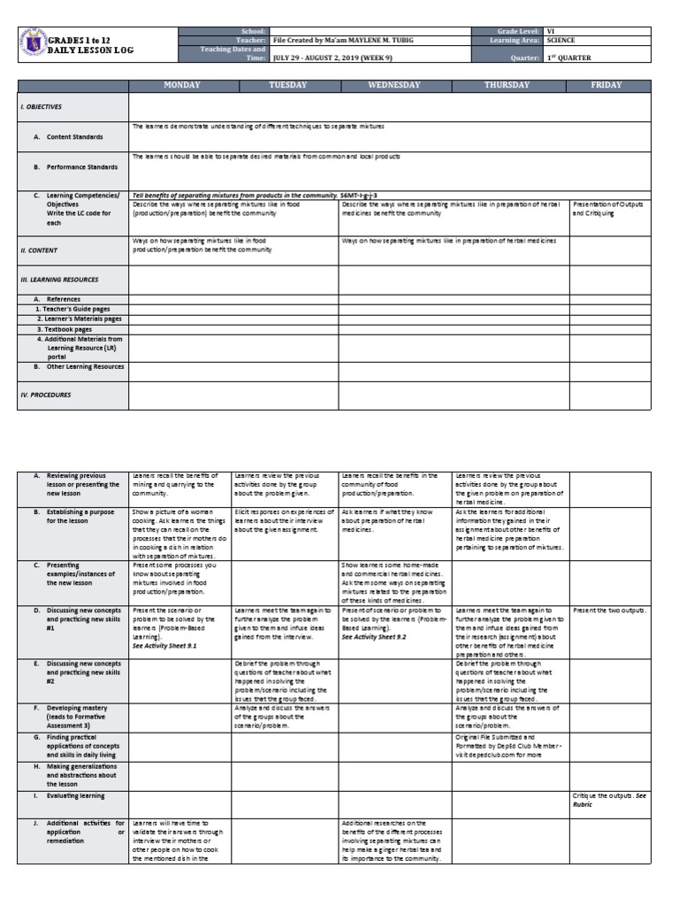 Dll Science 6 Q1 W9 Pdf Learning Education Theory