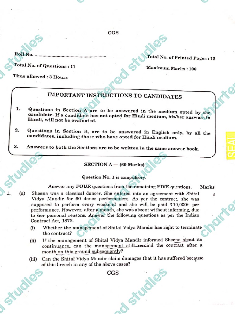 CA Foundation June 2022 Law & BCR Exam Question PDF